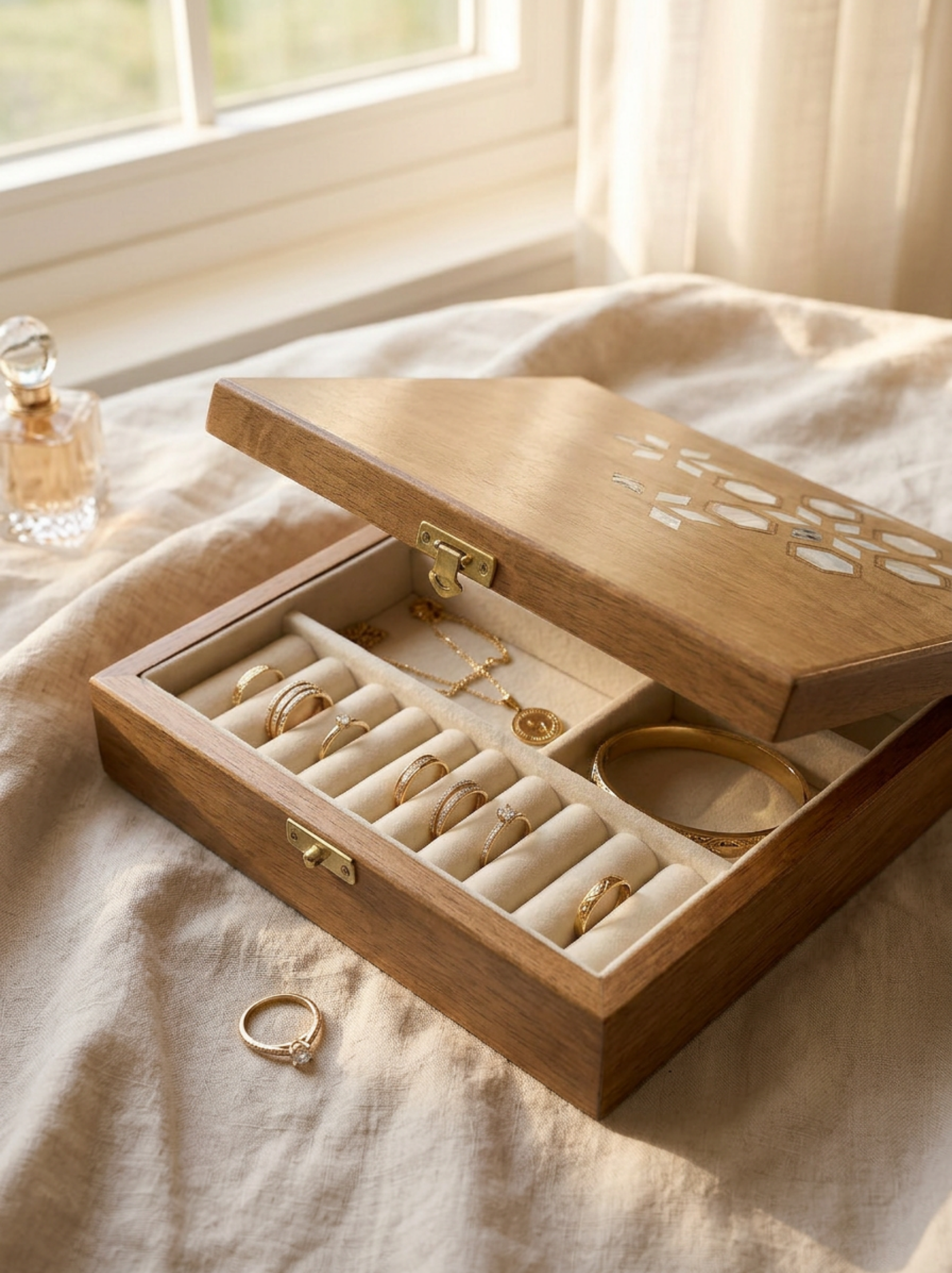 Wooden Jewelry Box with Velvet Interior