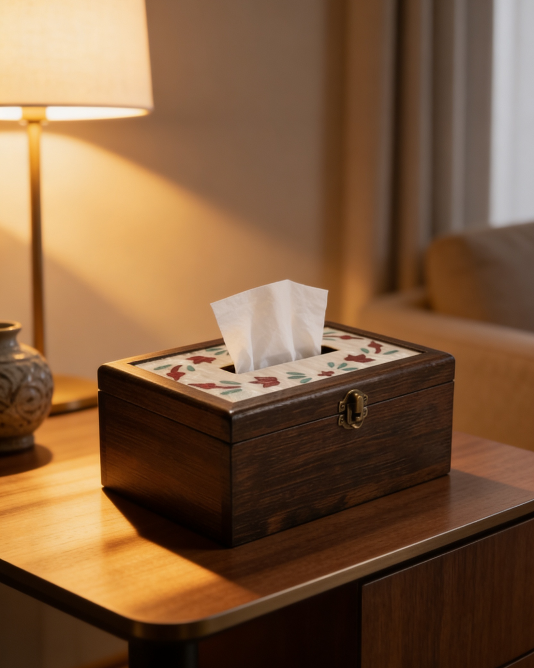 Wooden Tissue Box with Burgundy Shell Inlay