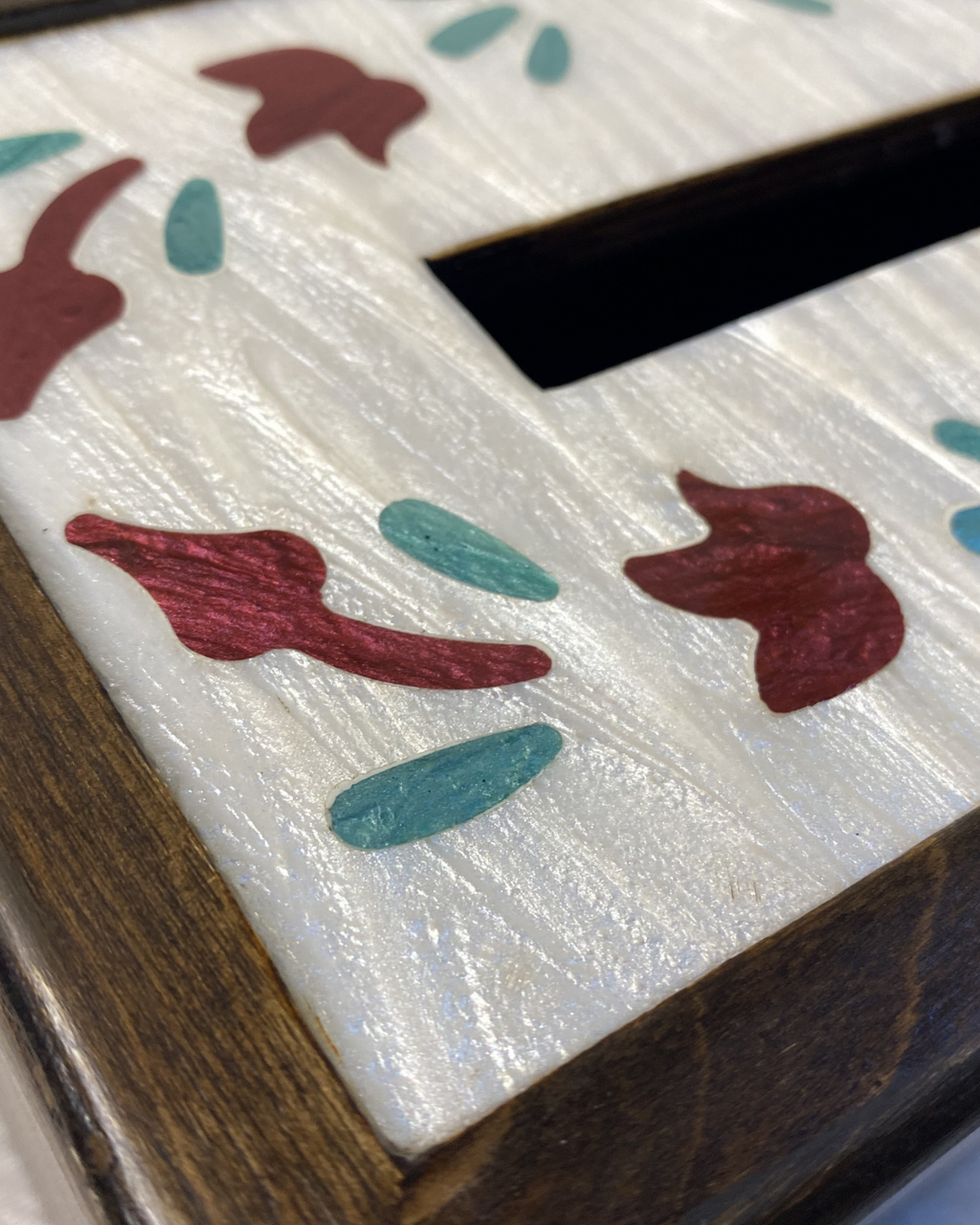 Wooden Tissue Box with Burgundy Shell Inlay