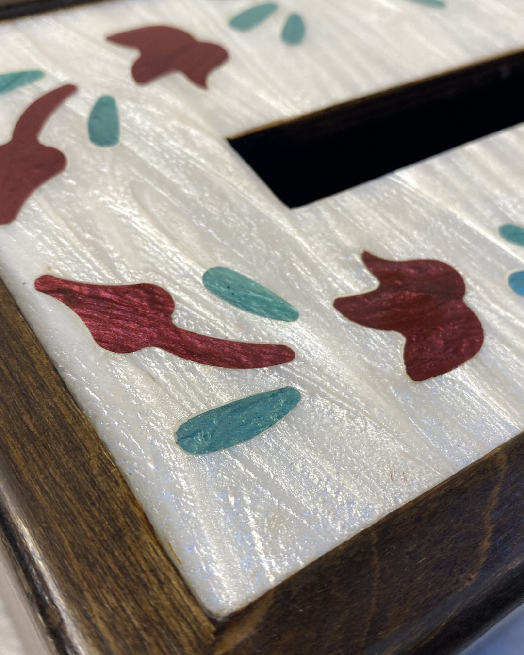 Wooden Tissue Box with Burgundy Shell Inlay