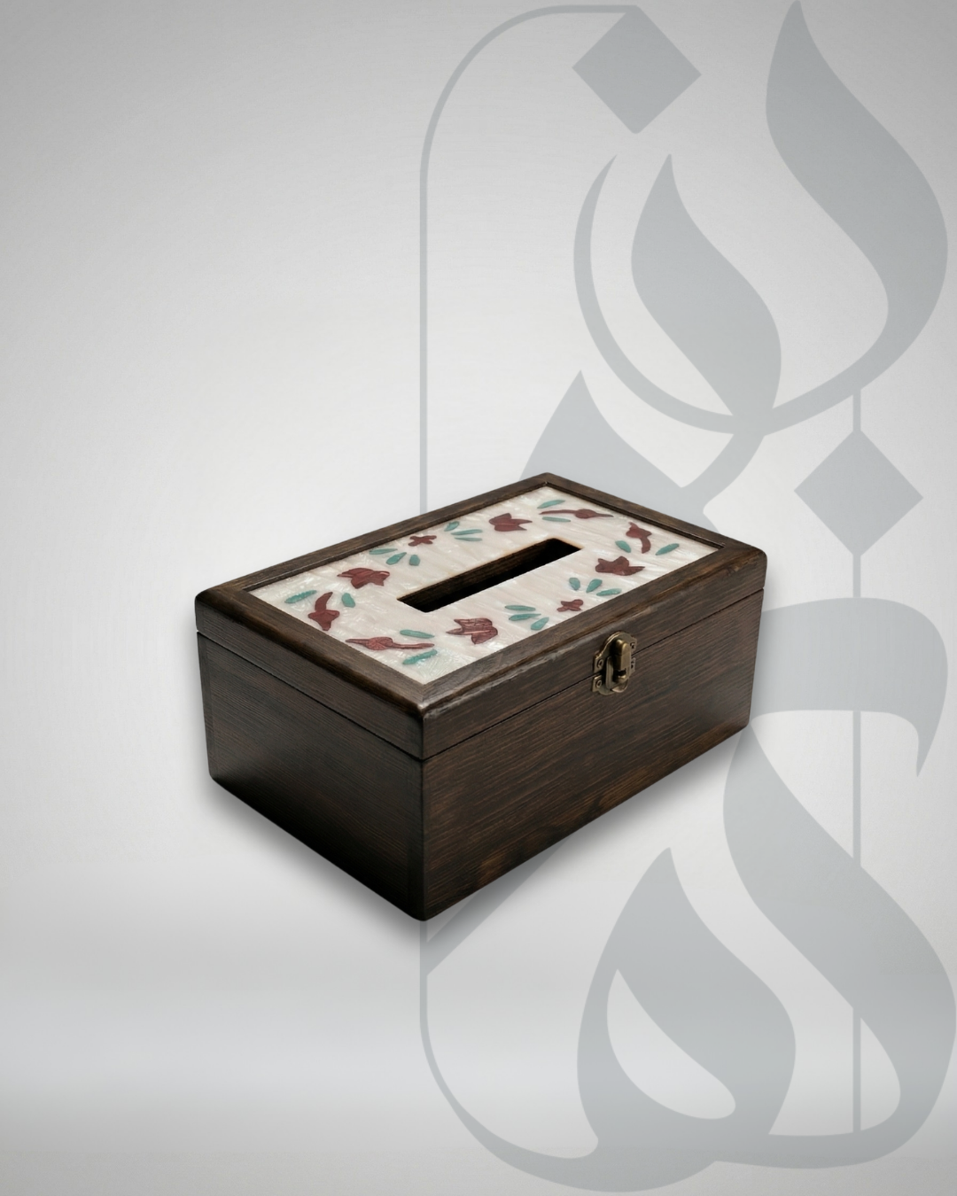 Wooden Tissue Box with Burgundy Shell Inlay