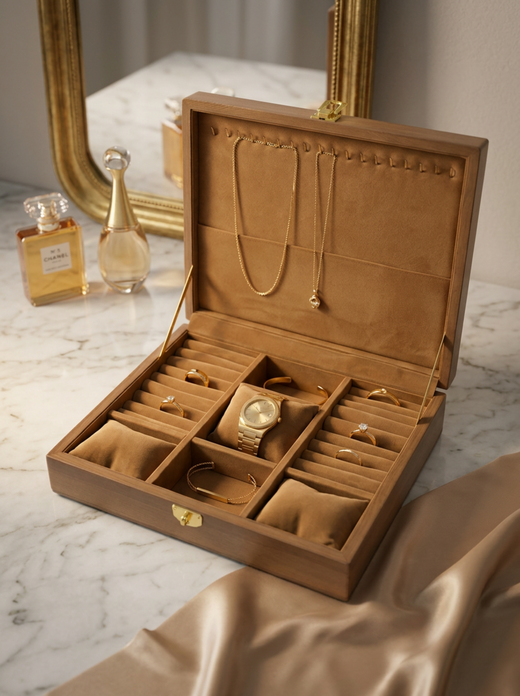 Wooden Jewelry Box with Velvet Interior