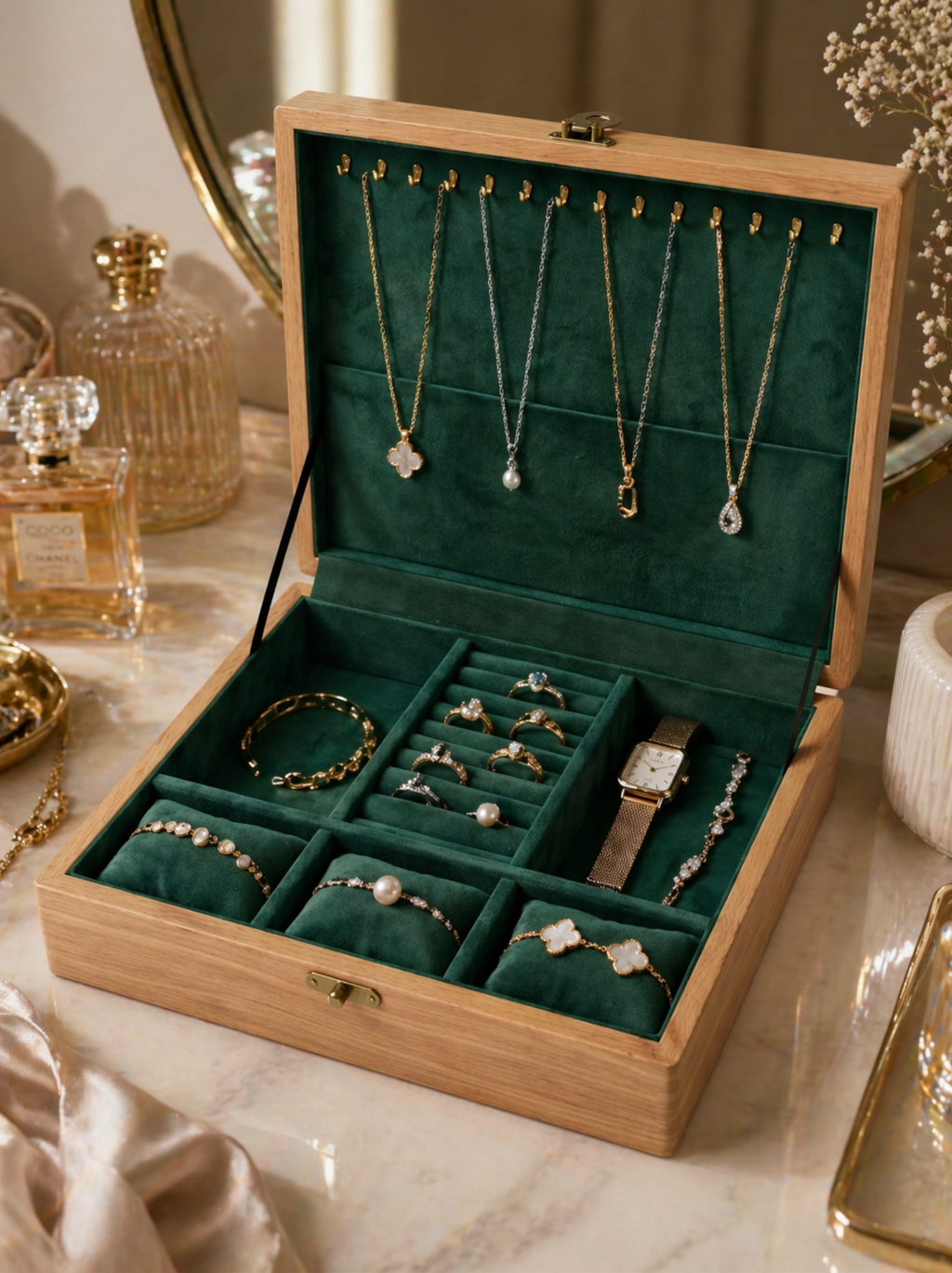 Wooden Jewelry Box with Velvet Interior