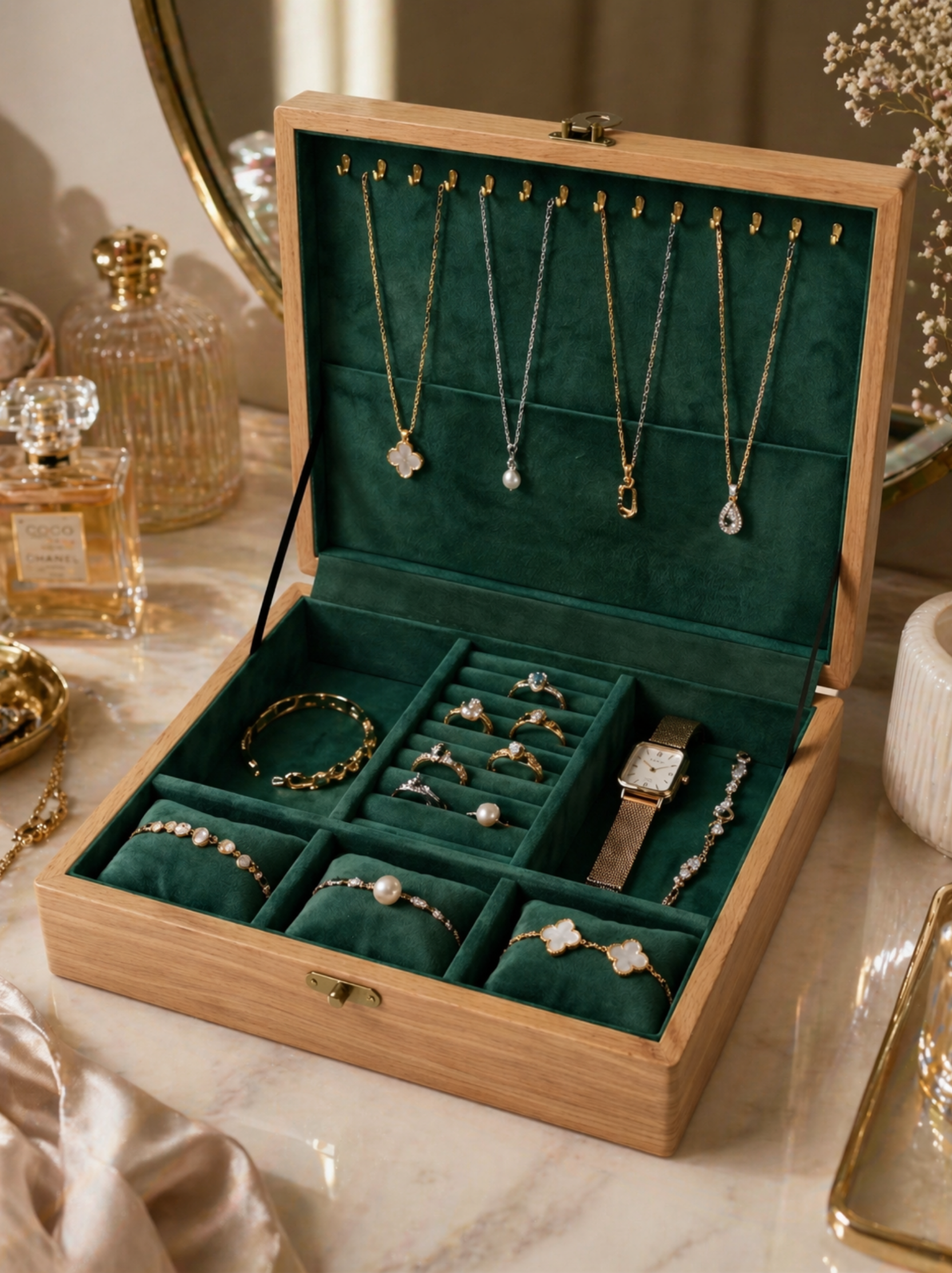 Wooden Jewelry Box with Velvet Interior