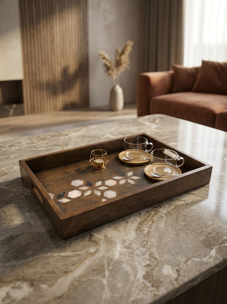 Wooden Tray with Shell Inlay